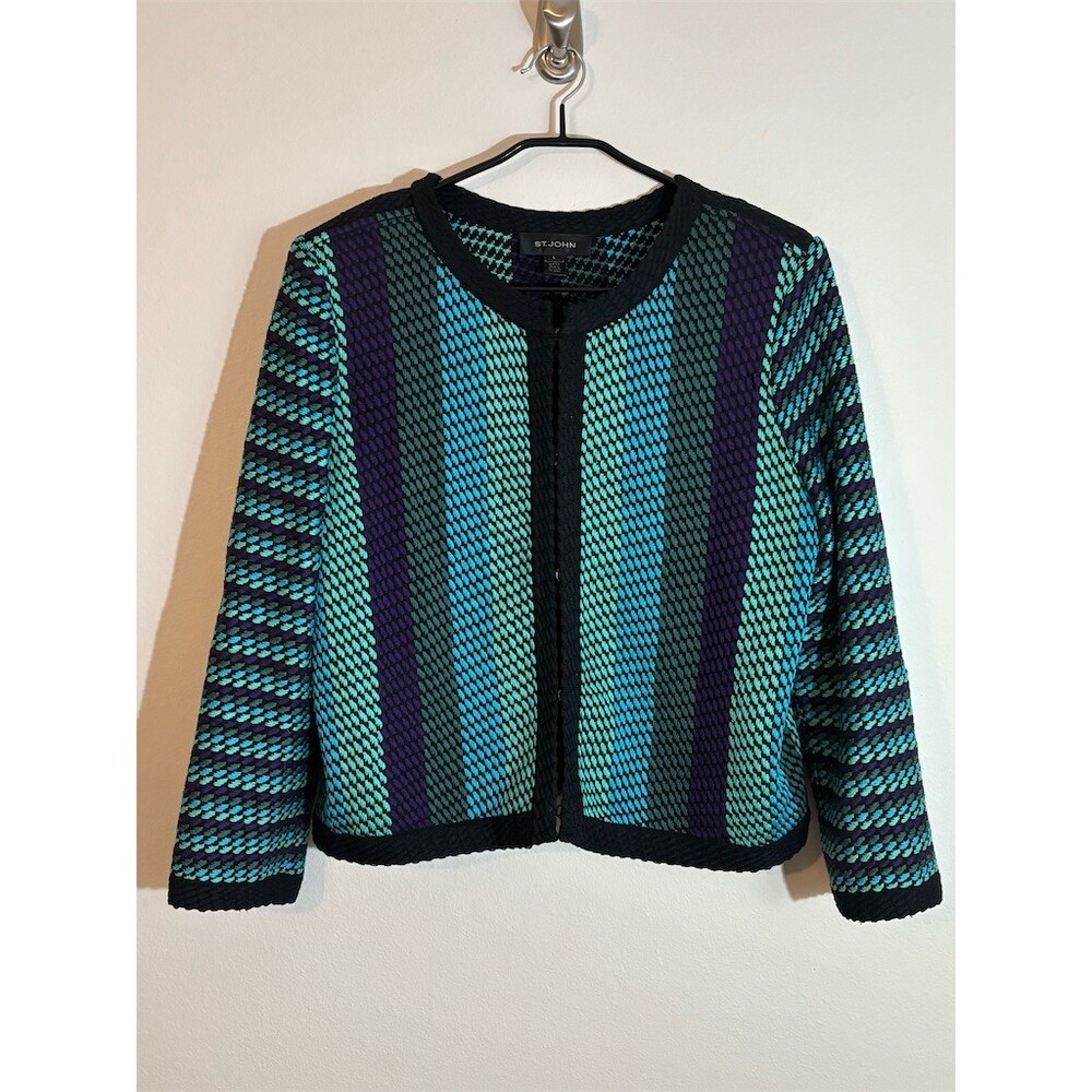 St. John Knit Jacket Womens L Blue Teal Purple Stripe